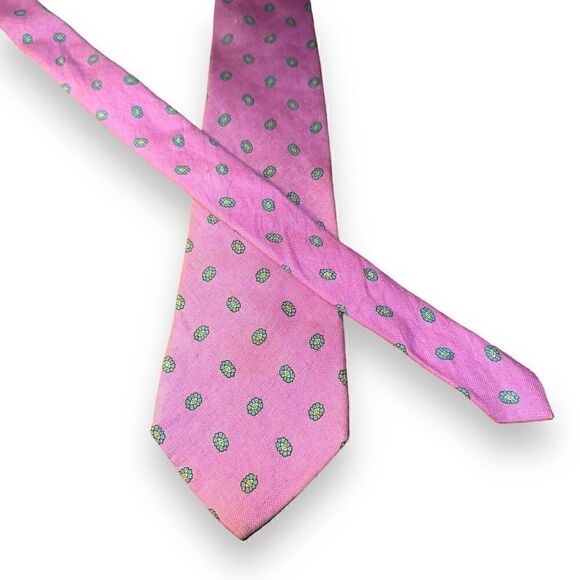 80s Chaps Ralph Lauren Pink & Green Silk & Linen Paisley Tie - Picture 1 of 6